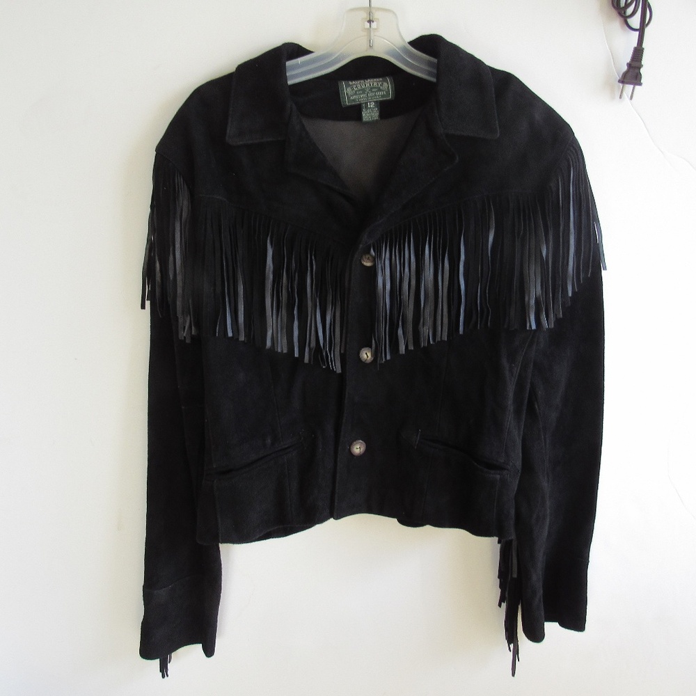 Vintage Ralph Lauren COUNTRY Goat Suede fringe Jacket SZ 12 USA Antler Buttons